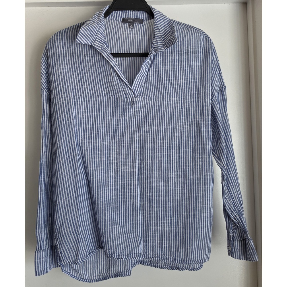 Becool Women Striped Button-Up Shirt Size M Blue White Long Sleeve Cotton Top